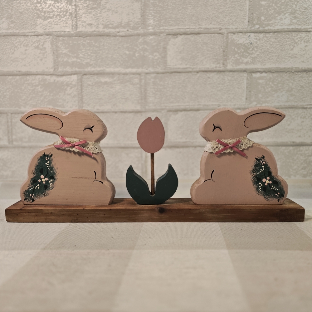 Cottage Farmhouse Pink Wood Bunny Rabbits & Tulip Carved Easter Tabletop Decor